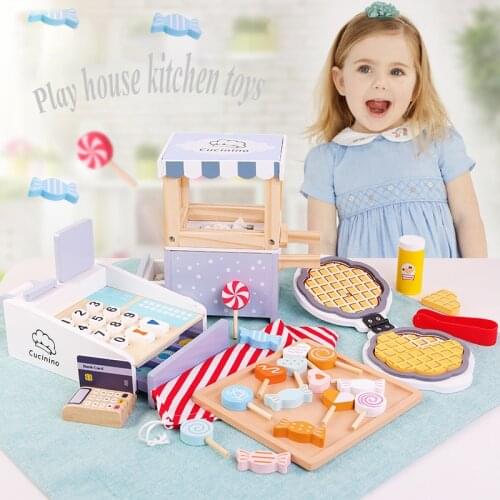 Montessori Childrens Play House Toy Pancake Machine Cash Register Simulation Play House Kitchen Toy Wooden Set