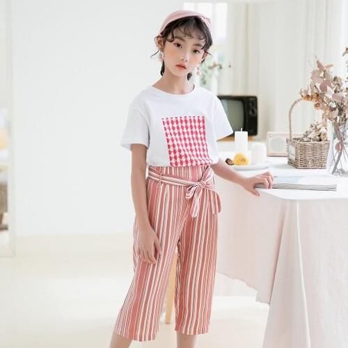 Baby Girls Casual Sets Cotton T-Shirt + Striped Wide Leg Pants 2pcs 2020 Summer New Fashion Design 4-14 Years