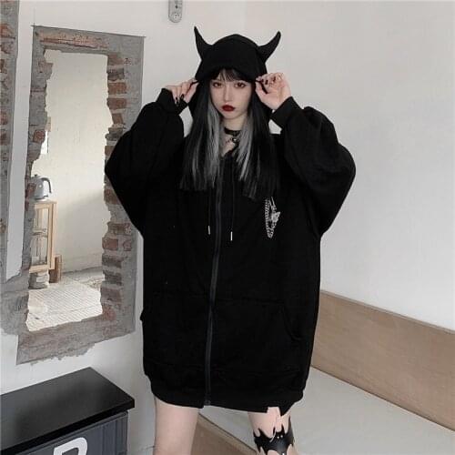 Gothic clothes Harajuku Hoodies Devil Horns Sweatshirts zip up hoodie Loose Pullovers Long Sleeve Tops Streetwear