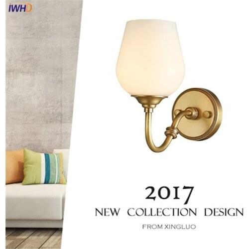 IWHD European Vintage Pure Copper Glass Wall Sconce Bedside Wall Lamp Simple Ideas LED Wall Light Fixtures Home Lighting