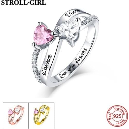 Strollgirl Authentic 925 Sterling Silver Ring Engraved Two Heart Shaped Cz Finger Ring Sterling Silver Jewelry for Lover Gift