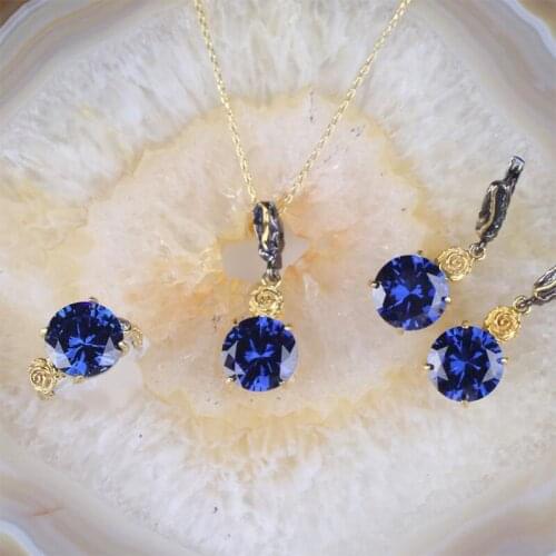 Round and Rose Shaped Tanzanite Jewelry Set, Woman Silver Tanzanite Ring + Necklace + Earrings, Handmade Woman Silver Tanzanite