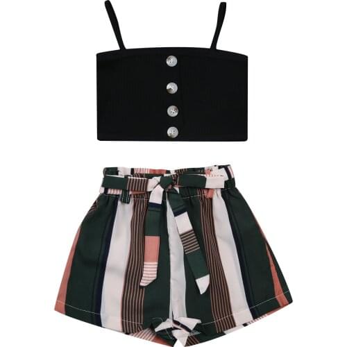 1-6Y Fashion Kids Girls Clothes Sets 2pcs Knit Sleeveless Single Breasted Vest Striped Shorts Outfits
