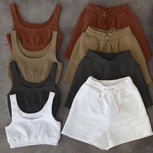 2021 Casual Solid Sportswear Two Piece Sets Women Crop Top And Drawstring Shorts Matching Set Summer Athleisure Outfits Dropship