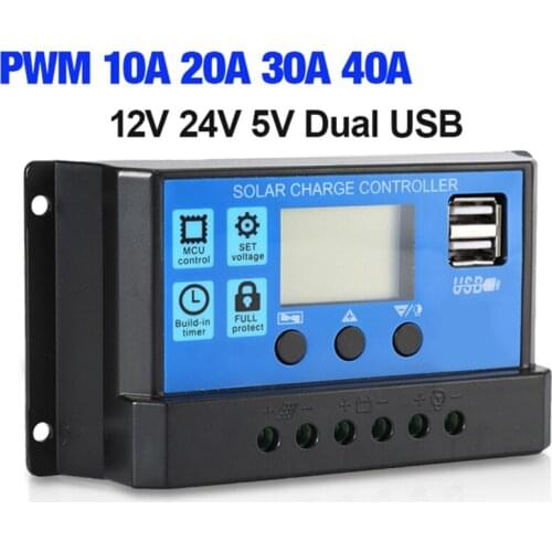 40A/30A/20A/10A Solar Charger Controller 12V 24V Auto PWM Controllers LCD Display 5V Dual USB Output Controller