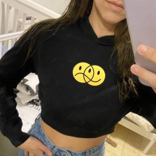 Korean Short Hooded Sweatshirts for Women Cotton Crop Hoodie Women Duality Cartoon Graphic Long Sleeve Top Y2K Streetwear Girls