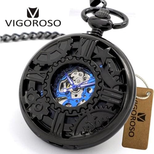 Machine wheel gear Mechanical Pocket Watch Hand wind Blue roman numerals Skeleton back Black steel Pocket&Fob Watches With chain