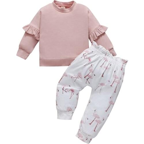 Three Piece Baby Girls Clothes Fashion Solid Color Long Sleeve Round Neck Sweatshirts and Flamingo Pants with Headband