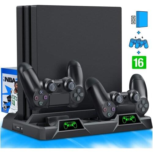 PS4 Stand Cooling Fan for PS4 Slim / PS4 Pro/Playstation 4, Vertical Stand Cooler with Dual Controller Charge & 16 Game Storage
