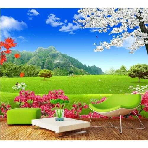 Custom Mural Wallpaper For Walls 3D Nature Landscape Green Grassland Flower Background Wall Painting Modern Wallpaper Livingroom