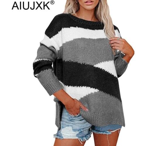 AIUJXK Autumn Winter Pullovers Women 2020 Knitwear Irregular Striped Color Patchwork Sweaters Fashion Knitwear Female Knit Tops