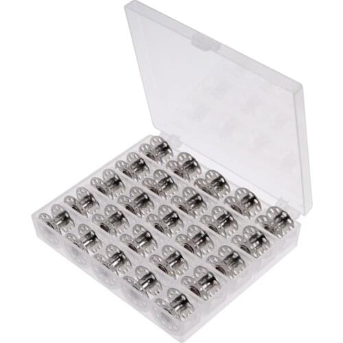 25 Empty Metal Bobbins Spool w/ 25 Grid Storage Case Box for Sewing Machine Parts