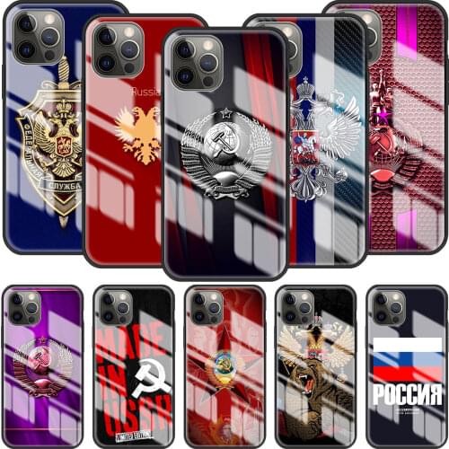 Glass Cover for iPhone 11 12 Pro 7 8 XR X 6 6S Plus 5 XS Max SE Tempered Coque Silicone Soft Edge Case Russia Flag Emblem