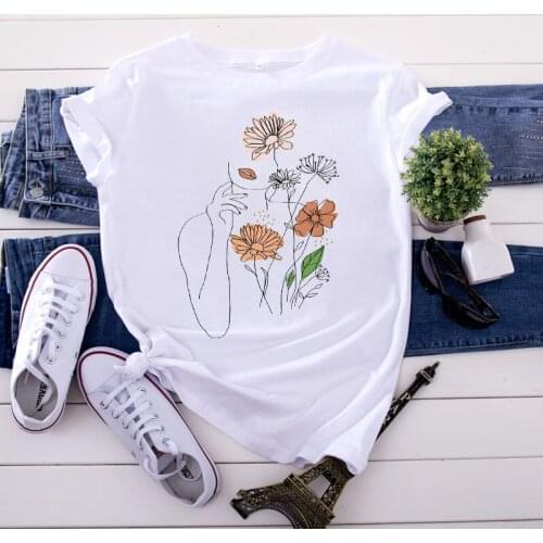 Printing Watercolor Cute Floral Ladies Flower Fashion Clothes Print Tshirt Female Tee Top Graphic T-shirt Women Short Sleeve