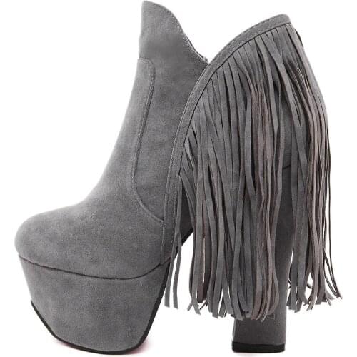 14CM 2020 Autumn new womens shoes tassel super high heel thick heel waterproof platform womens short boots Europe and America