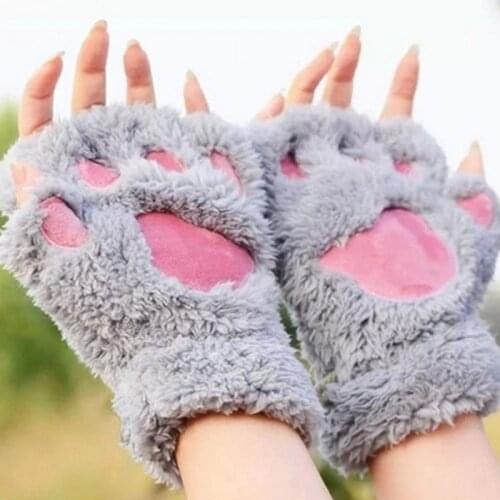 Hot Lovely Women Cat Claw Paw Mitten Plush Glove Costume Cute Winter Warm Half Finger Gloves Women Female Gloves Mitten