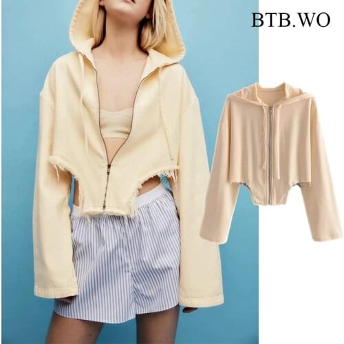 BTB.WO Women Za 2021 Fashion Oversized With Drawstring Hooded Knitted Sweatshirt Vintage Long Sleeve Female Pullovers Chic Tops