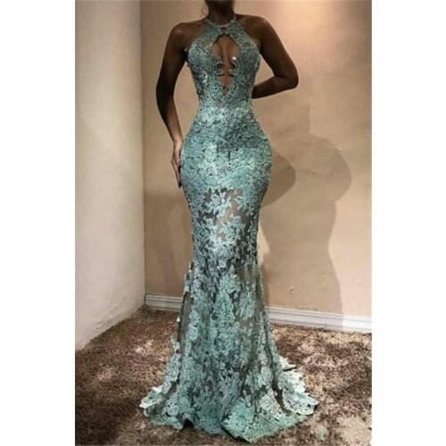 Sexy Evening Dresses Mermaid Halter Tulle Appliques See Through Dubai Saudi Arabia Long Prom Dress Gown Robe De Soiree