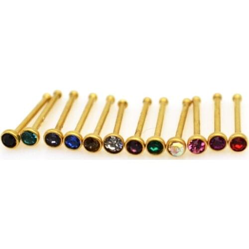 Gold Nose Stud Clear AB Pink Red Crystal 2mm Gem 22G Straight Bone 316L Stainless Steel Rhinestone Hooks Bar Pin Nose Piercing