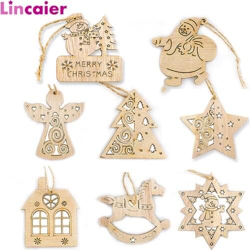 6Pcs 60mm Wooden Pendants 2020 Merry Christmas Tree Ornaments Decorations for Home Xmas Gift Santa Claus Snowman 2021 New Year
