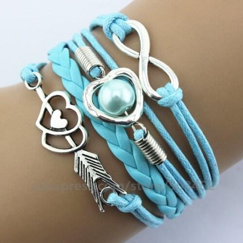 200pcs/lot Hot Sells Retro Pearl Bracelet Braided Wholesales Cupids Arrow Bracelets Women Heart & 8 Bracelet браслет
