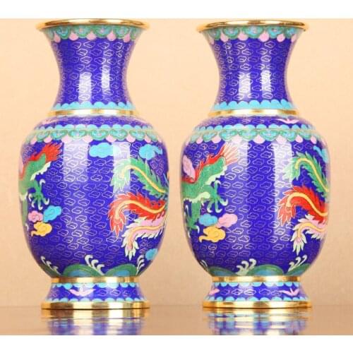 8" Chinese Regius Copper Bronze cloisonne Lucky Dragon Play phenix Vase