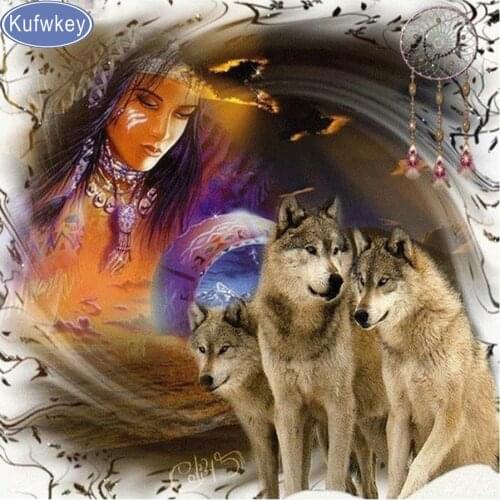 Mazayka Full Diamond Embroidery Indian wolf animals 5d Diy Diamond Painting Cross Stitch Full Rhinestones Mosaic Home Decorative