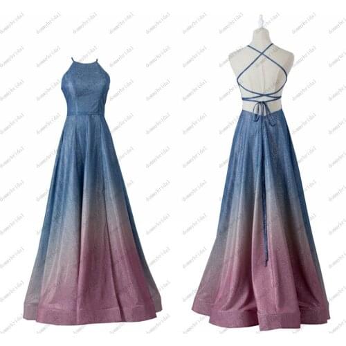 2021 Blingbling Sequined Fabric A line Halter Ombre Prom Bridesmaid Wedding Party Dresses Backless Floor Length Cheap New