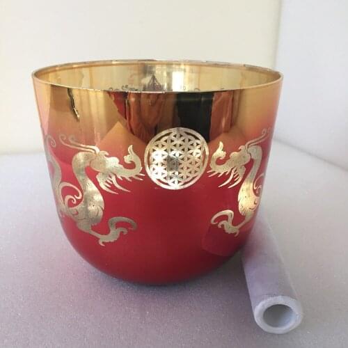 4th octave 6.75" "C" note root chakra mixed color Crystal Singing Bowl with carved "dragon and Flower of life"