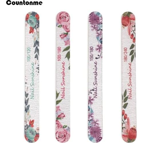 10Pcs /Lot Wooden Nail Files 100/150/180/240 Straight Wood Thick Stick Flower Printed Sanding Buffer Files For Manicure Tool Set