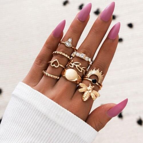 DIEZI Bohemian Elegant Gold Color Finger Joint Ring 2021 New Vintage Flower Heart Bee Knuckle Rings Set Women Boho Party Jewelry