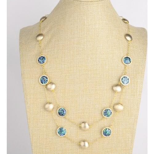 24''-26'' 2 Rows Abalone Shell coin Gold color Plated Chain long Necklace