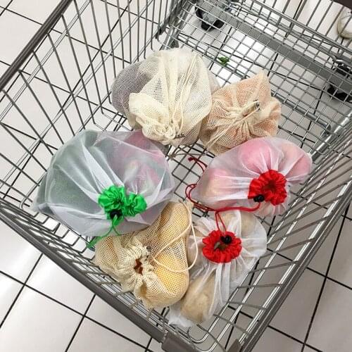 Drawstring Eco-Bags Fruit Net Bag Mesh Reusable Bags For Supper Market Vegetable Fruit Storage Bags 6Pcs/lot Can Customized