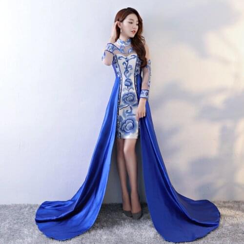 Blue White Fashion Chinese Evening Dress Long Qipao Embroidery Tailing Party Dresses Traditional Cheongsam Gown China Qi Pao
