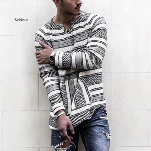 Men Autumn Fashion Striped T-Shirts American Style Loose Casual V-Neck Long Sleeve Tee Businessmen Simple Chic High Quality Tops