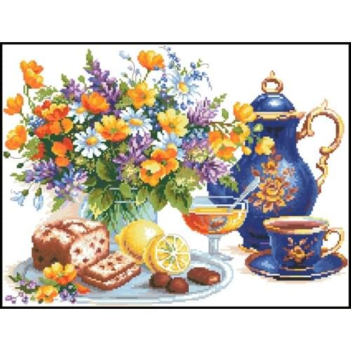 Afternoon Tea Time Printed Cross Stitch Kits Patterns Canvas Embroidery Sets 11CT 14CT DIY Needlework Crafts Home Decor Painting