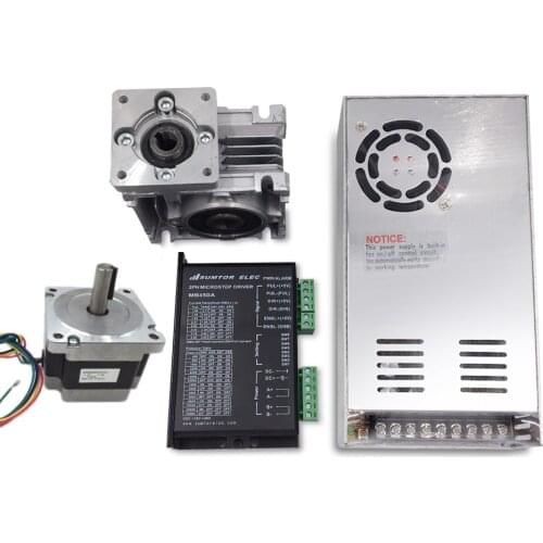 Nema23 Stepper Motor L56mm 7.5:1 Geared Worm Reducer Gearbox 8.25Nm 2ph DC24-50V 4.2A Geared Stepper Driver& Power Supply Kit