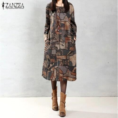 ZANZEA Women 2021 Autumn Vintage Mid-calf Length Dress Casual Loose Long Sleeve O Neck Retro Printed Dress Vestidos Plus Size