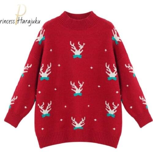 Pullover Vintage Christmas Fawn Print Sweater Oversize Women Long Sleeve Couples Knitted Top Hip Hop Streetwear Pullover Clothes