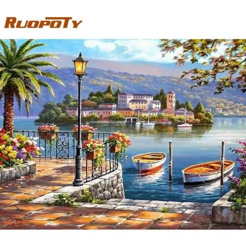 RUOPOTY Seaside House Boat Landscape Painting By Numbers Handmade Unique Gifts For Adults 40x50cm Frame On Canvas Wall Decor