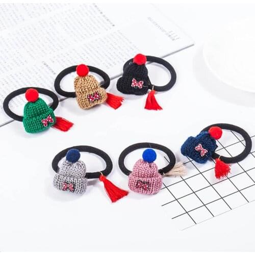 Grey Blue Brown Green Santa Claus Woolen Cap Bowknot Tassel Elastic Hair Bands Ponytail Holders Headwear for Women & Children