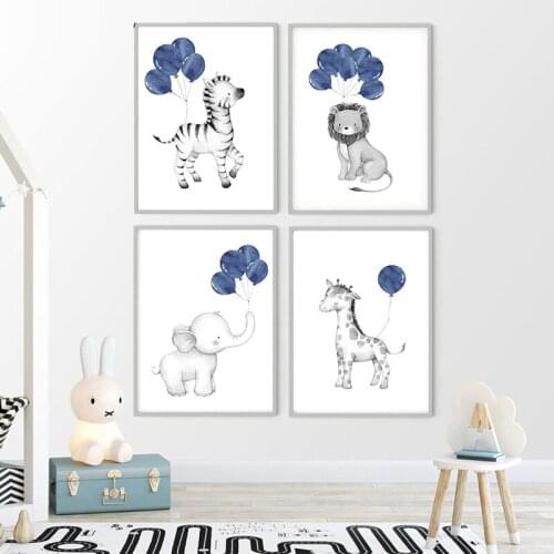 Blue Balloon Animal Canvas Painting Lion Giraffe Wall Art Posters And Prints Nursery Cartoon Pictures Nordic Kid Boy Room Decor
