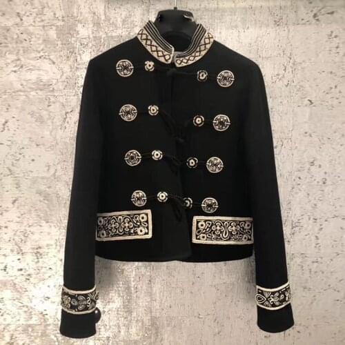 Vintage Cour style embroidered horn buckle short jacket women stand collar slim top coat