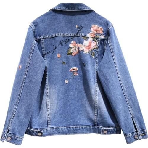 Womens Spring Autumn Long Sleeve Embroidery Slim Short Blue Denim Jacket Female Elastic High Waist Plus Size Outwear TB425