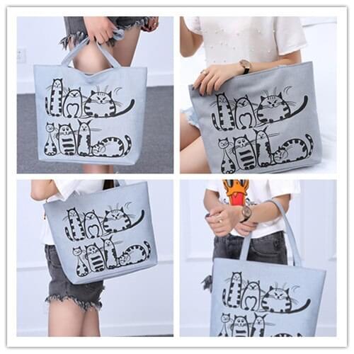 Women Canvas Handbag cartoon Cat Printed Shoulder bag Female Large Capacity Ladies Beach Bag Tote Shopping Handbags