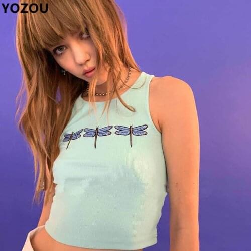 Women summer dragonfly embroidery crop top cropped tank vest green 90s cartoon pattern tee top female