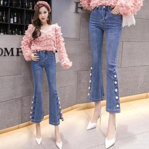 2020 Spring Summer New Fashion High Waisted Pearls Beaded Womens Denim Pants Slim Stretch Split Jeans Trumpet Trouser XXL L2970