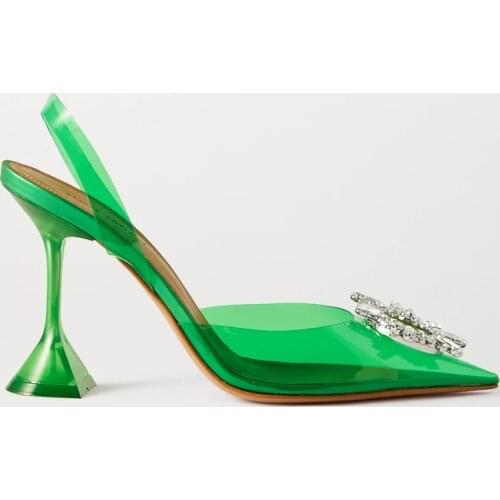 Womens Shoes Begum Crystal-embellished Green Pvc Slingback Pumps Sculpted Heel Sunburst Brooch Sandals