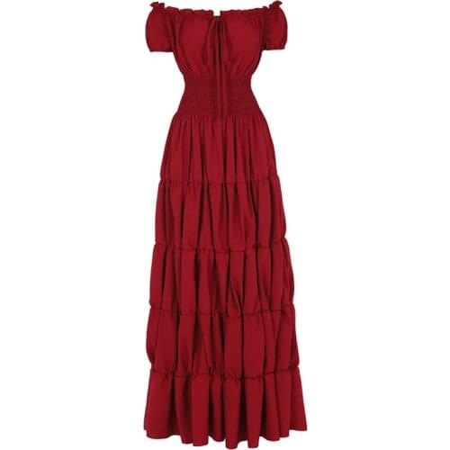 Women Medieval Renaissance Dress Boho Petticoat Short Sleeves Off Shoulder Smocked Waist Retro Pleated Long Dress Costume