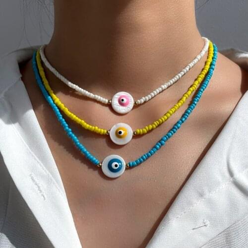 Boho Evil Eye Shell Beaded Necklace For Women Colorful Acrylic Rice Bead Strand Handmade Round Natural Shell Necklaces Jewelry